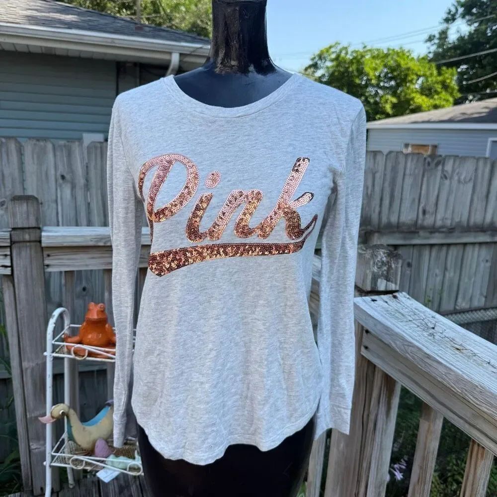 Victoria’s Secret PINK Rose Gold Sequin Logo Long Sleeve Tee XS